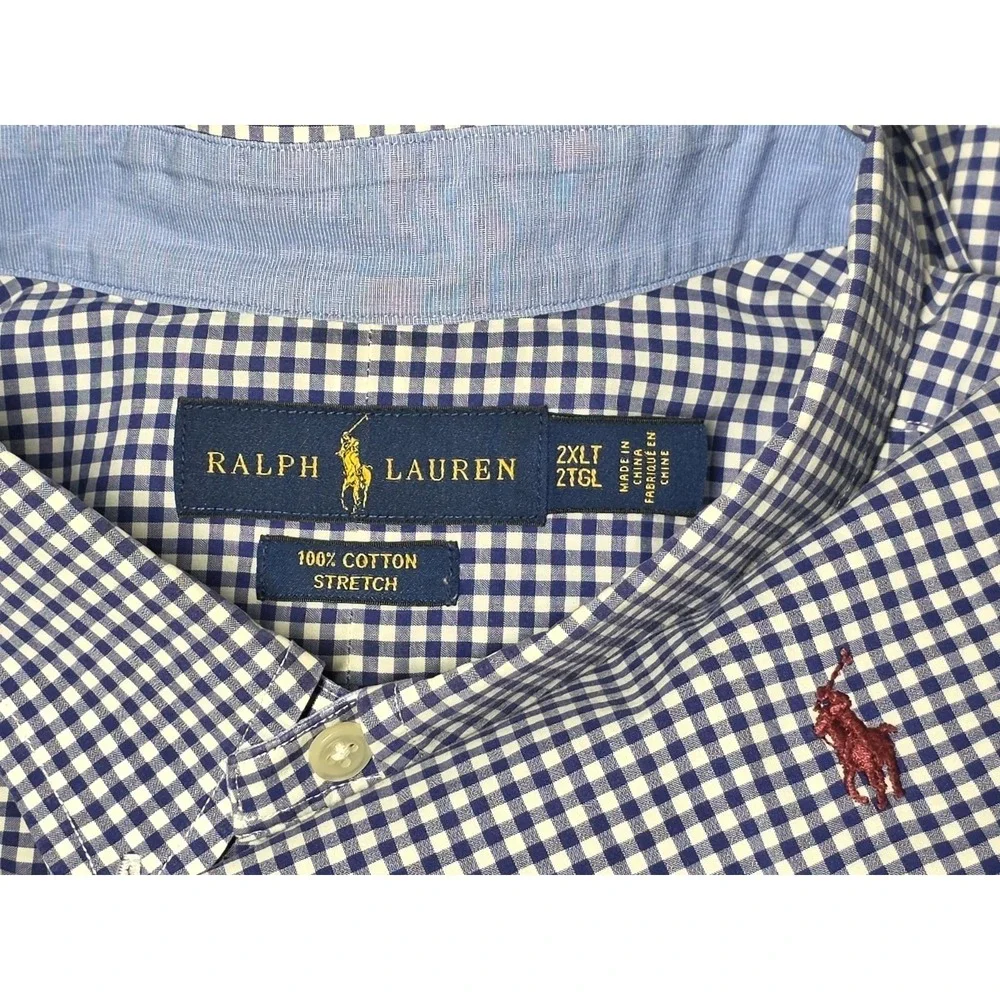Polo Ralph Lauren Shirt Mens 2XL Blue White Gingham Button Down Big Tall Stretch